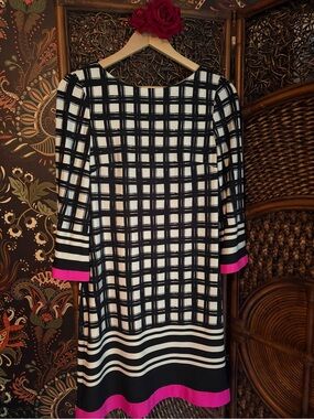 Eliza J Black White Windowpane Sheath Dress Pink Trim 3/4 Sleeve Size 8